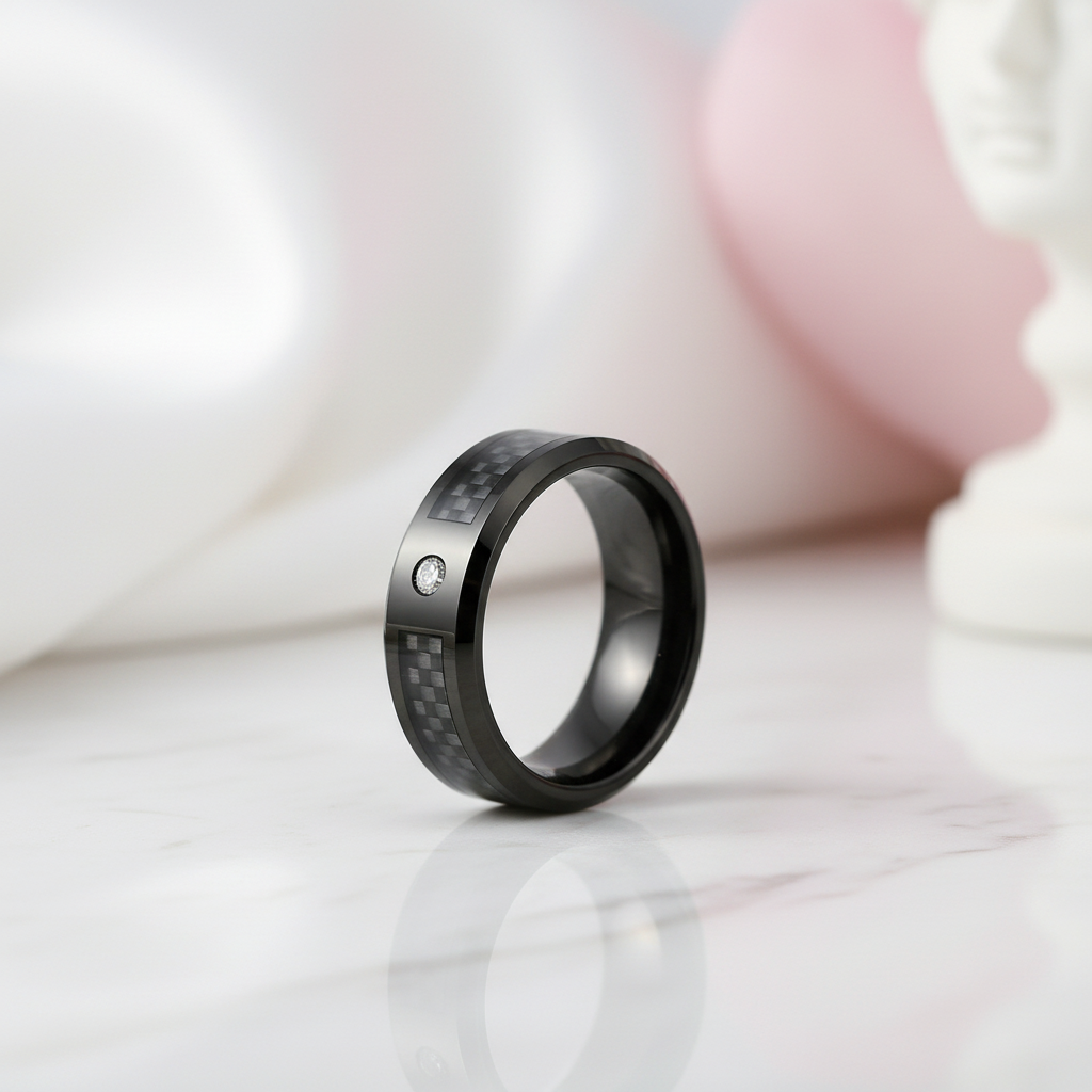 Black Carbon Fiber Oblique Angle Electroplated Tungsten Wedding Band-Black Diamonds New York