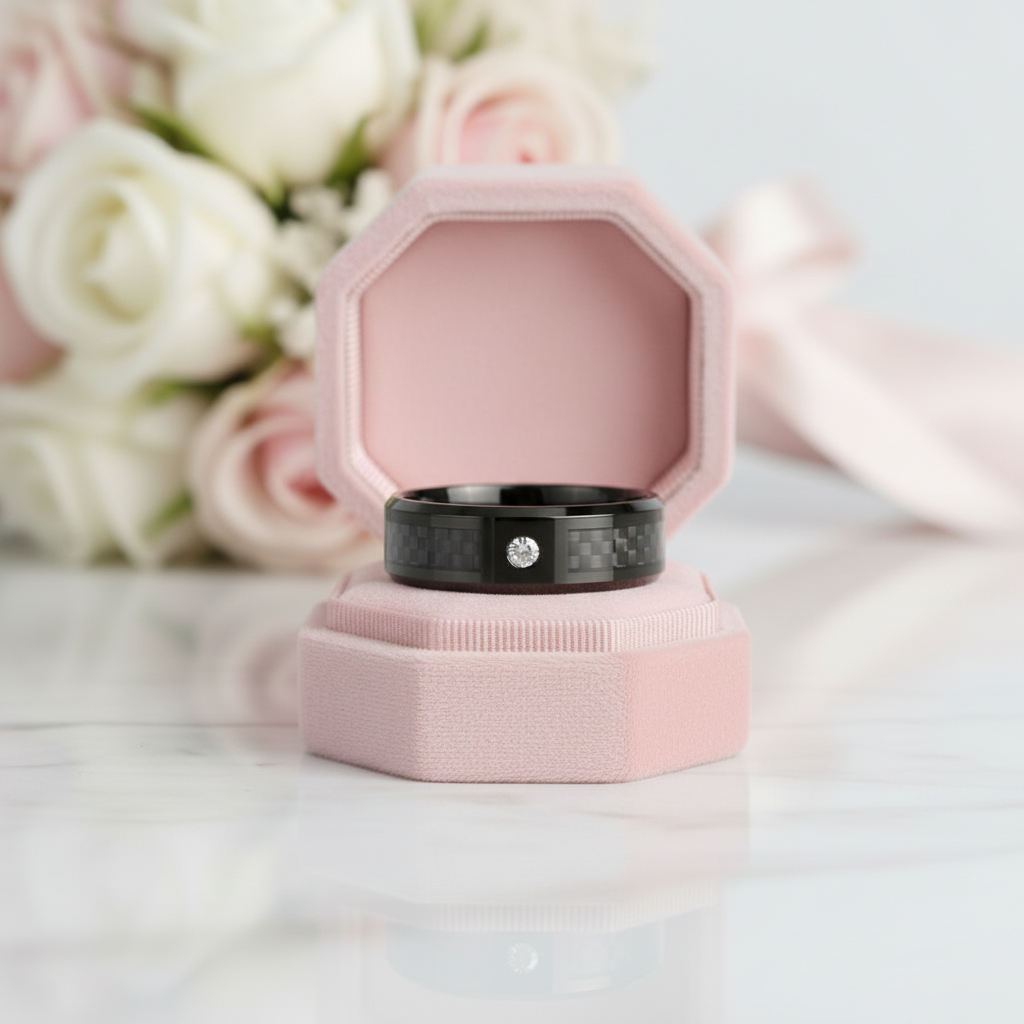 A black carbon-fiber-patterned ring with a small clear gemstone, displayed inside an open pink octagonal ring box on a white marble surface with blurred pink roses in the background.