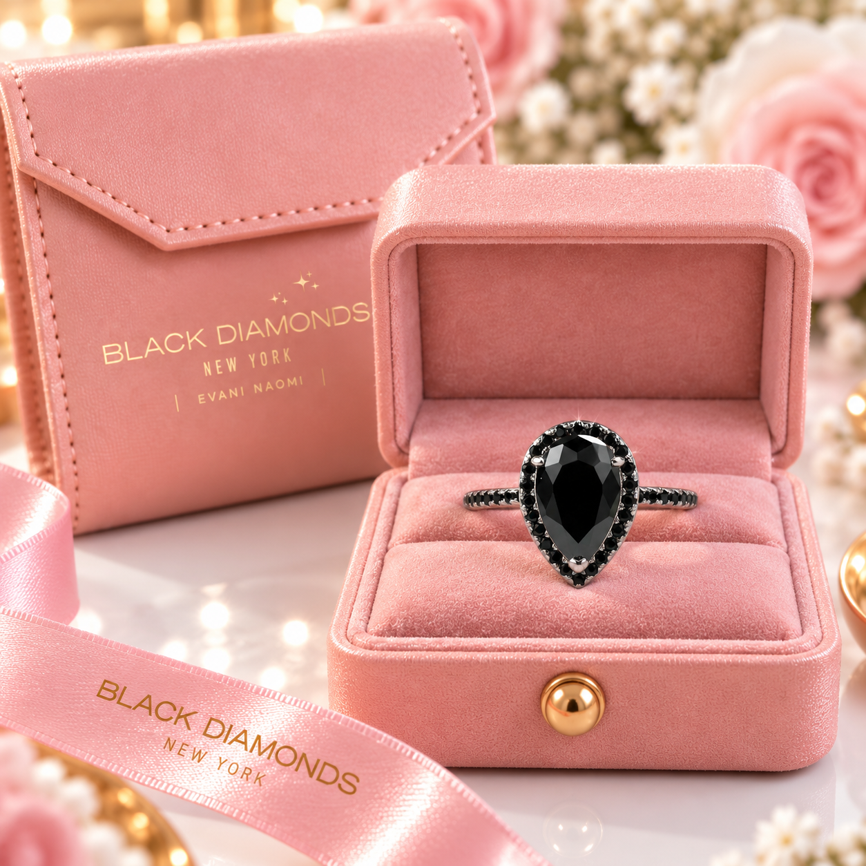 Unique Pear Cut Halo Black Diamond Option Engagement Ring-Black Diamonds New York