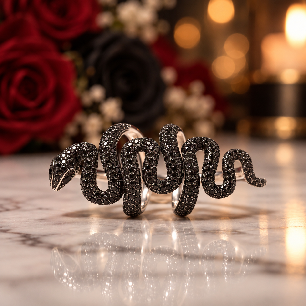 Gothic Serpent Wrap Black Diamond Option Adjustable Statement Ring-Black Diamonds New York