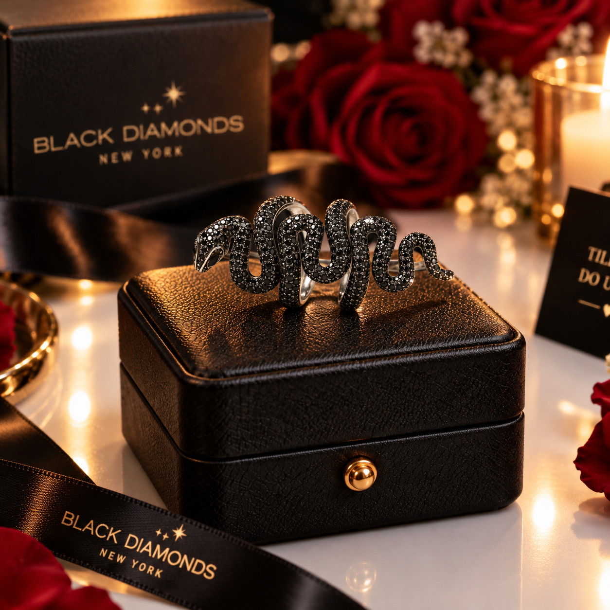 Gothic Serpent Wrap Black Diamond Option Adjustable Statement Ring-Black Diamonds New York
