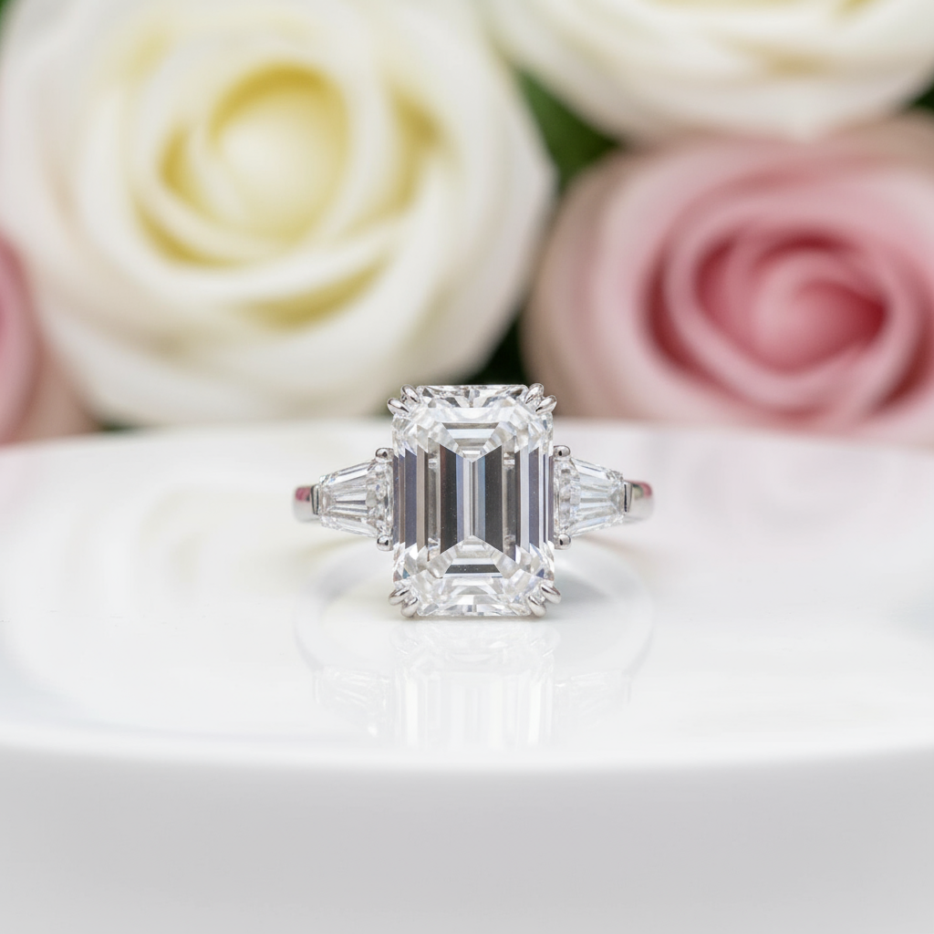 Gorgeous Emerald Cut Three Stone Engagement Ring-Black Diamonds New York