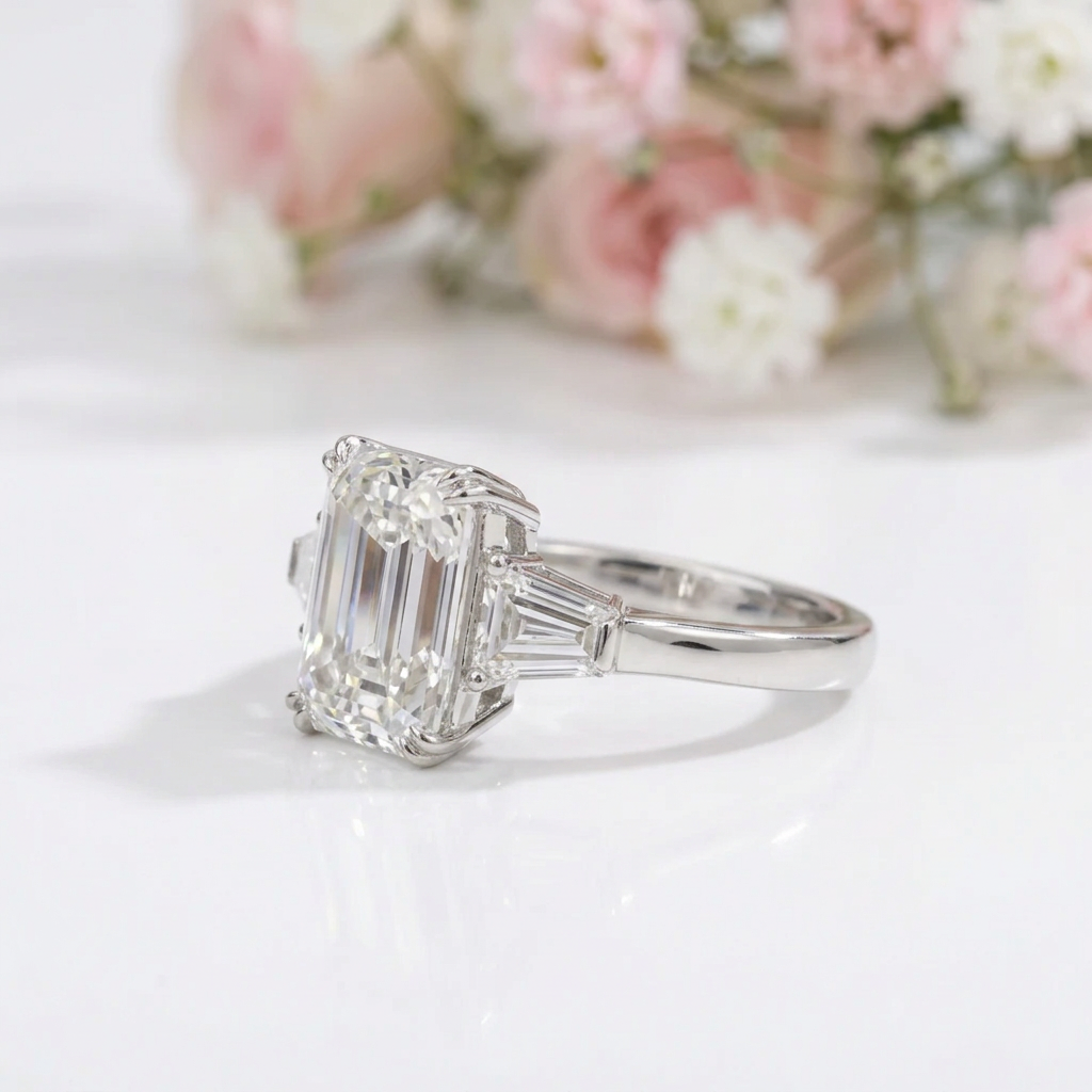 Gorgeous Emerald Cut Three Stone Engagement Ring-Black Diamonds New York