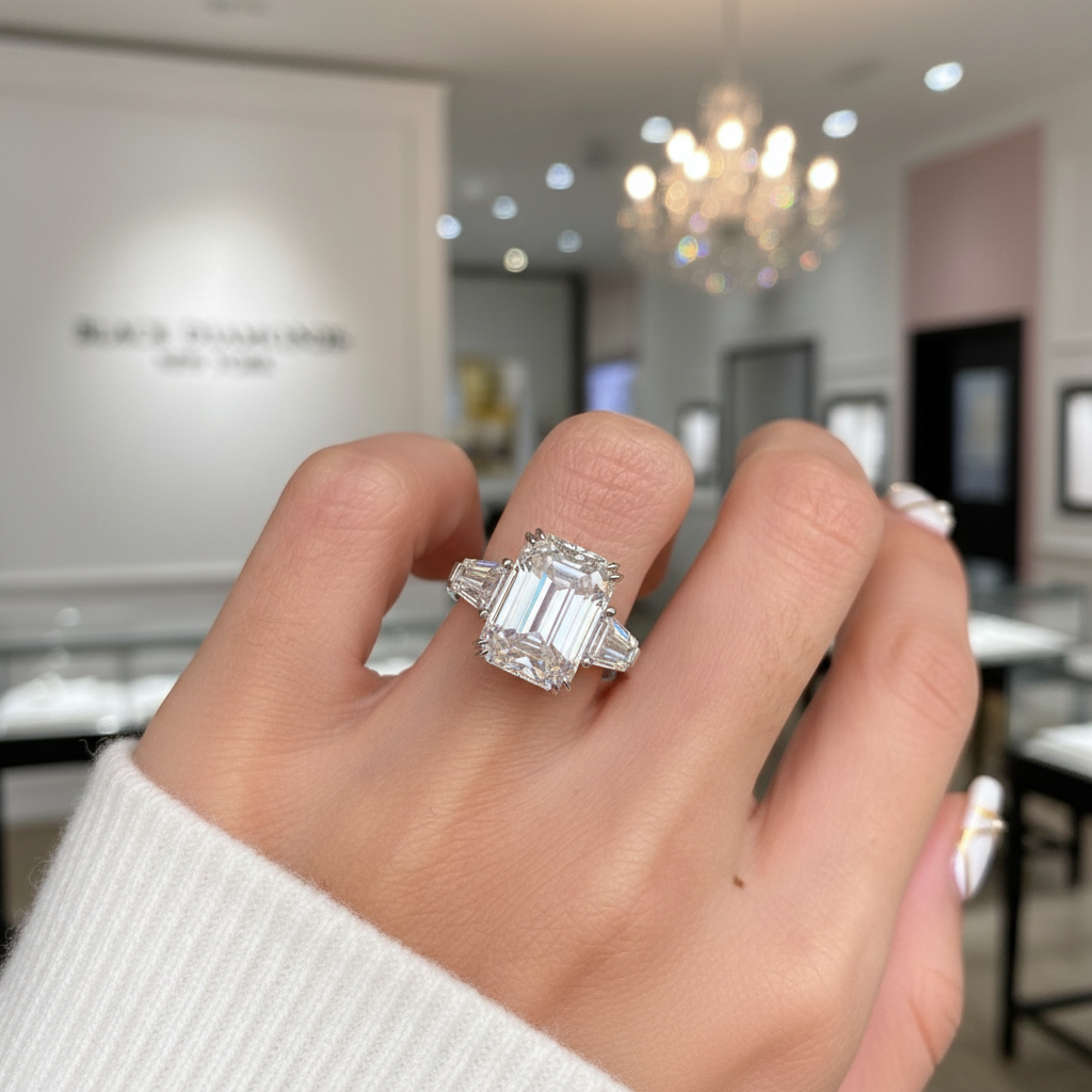 Gorgeous Emerald Cut Three Stone Engagement Ring-Black Diamonds New York
