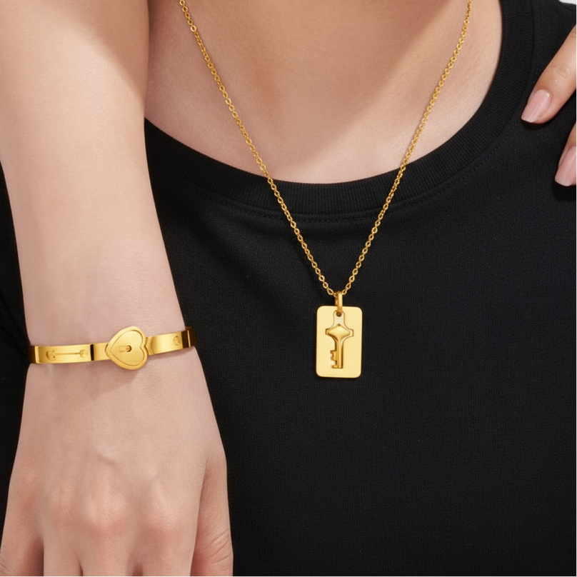 Lock and Key Necklace and Bracelet For Couples-Black Diamonds New York