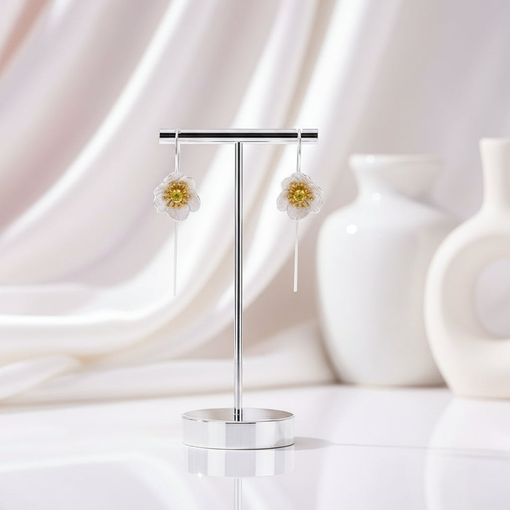 Blooming Anemone Flower Dangle Earrings-Black Diamonds New York