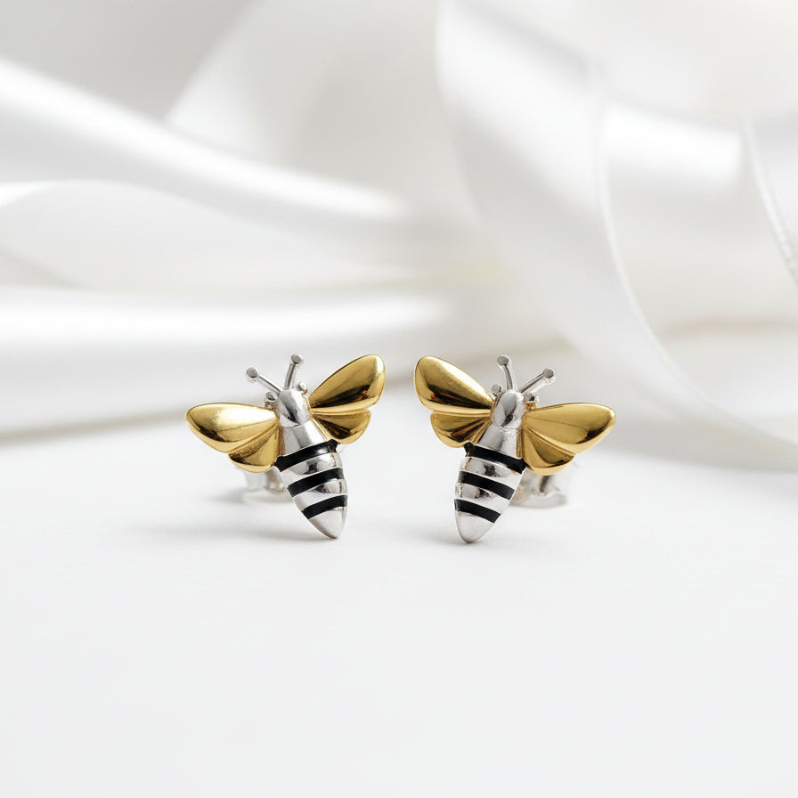 Gold Honey Bee Stud Earrings-Black Diamonds New York
