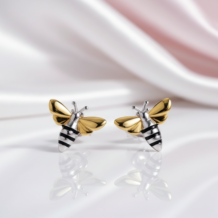 Gold Honey Bee Stud Earrings-Black Diamonds New York