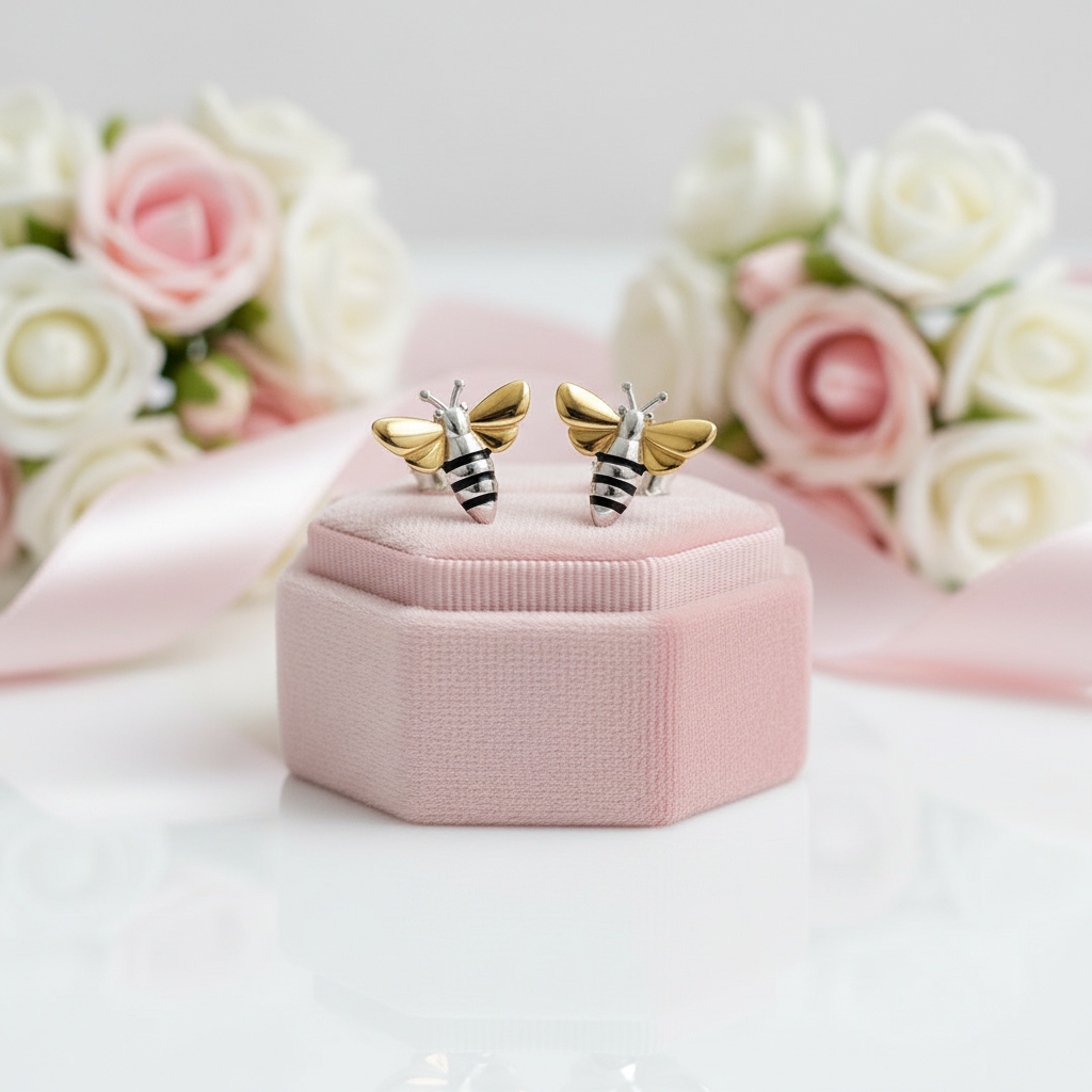 Gold Honey Bee Stud Earrings-Black Diamonds New York