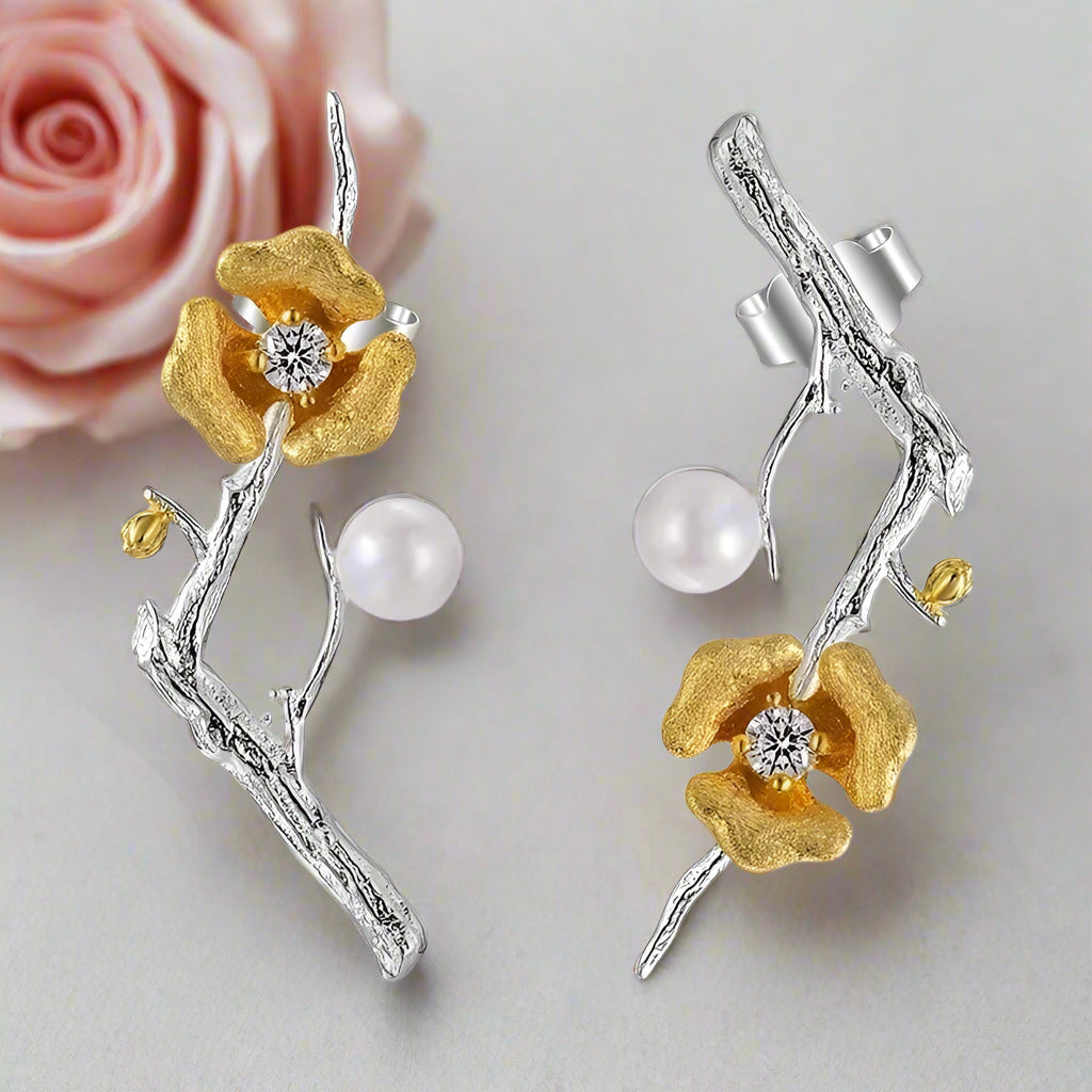 Plum Blossom Flower Drop Earrings-Black Diamonds New York