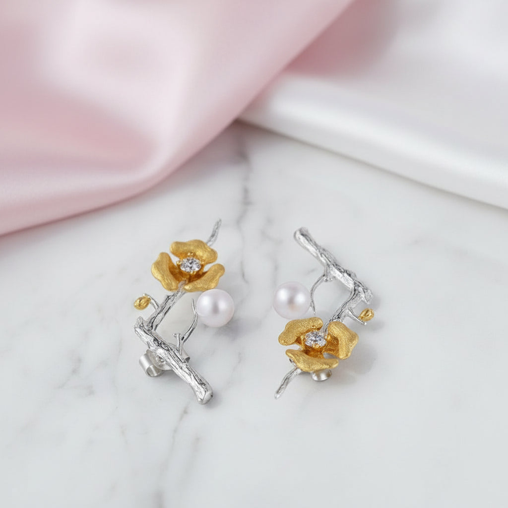 Plum Blossom Flower Drop Earrings-Black Diamonds New York