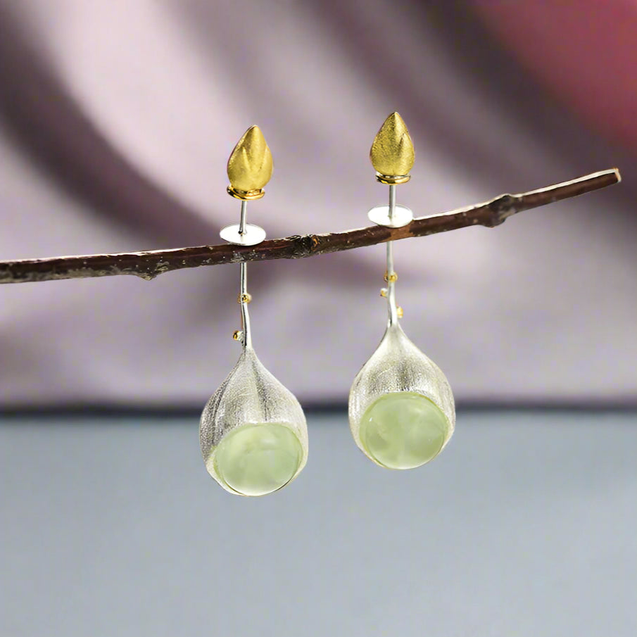 Elegant Lotus Buds Dangle Earrings-Black Diamonds New York