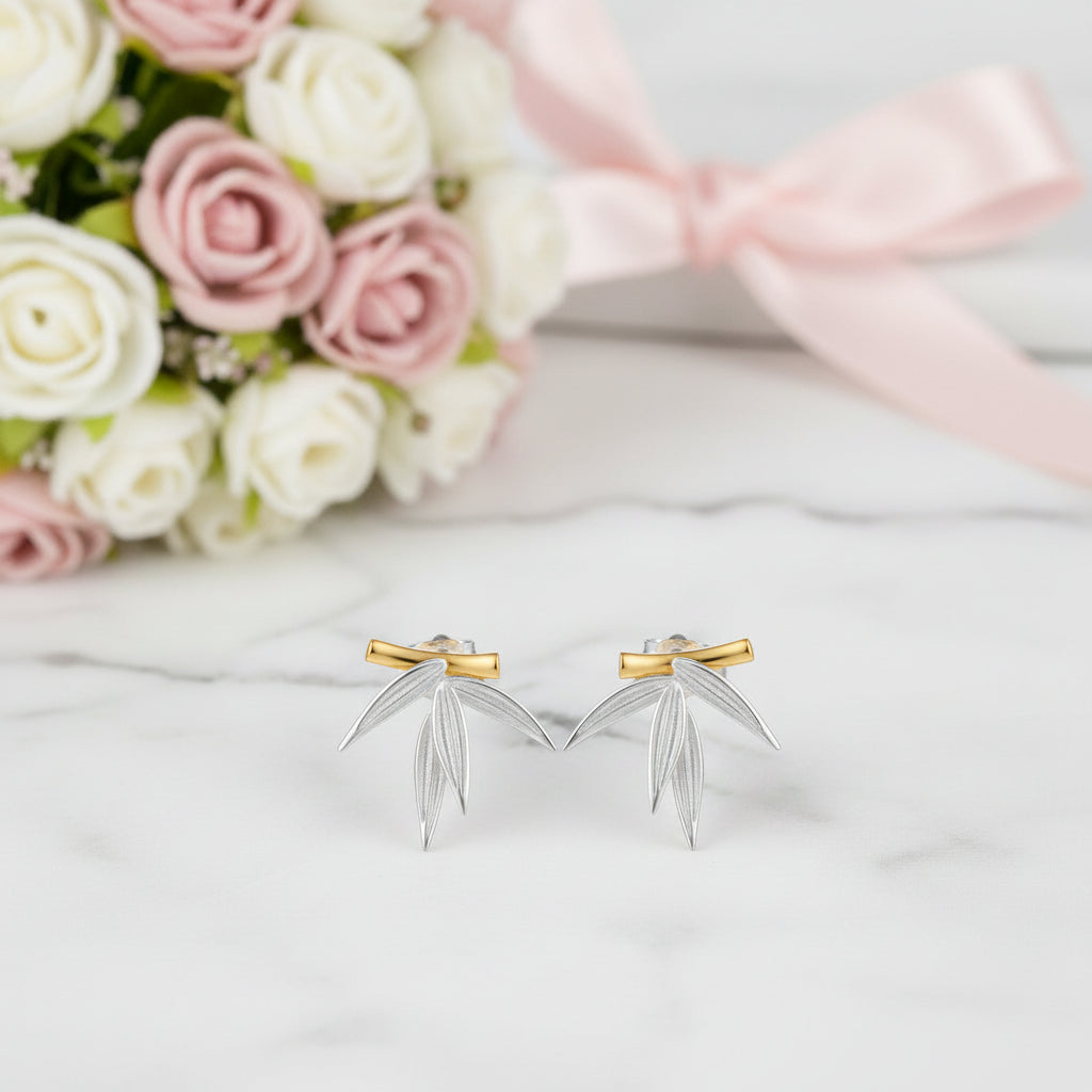 Fresh Bamboo Leaves Stud Earrings-Black Diamonds New York
