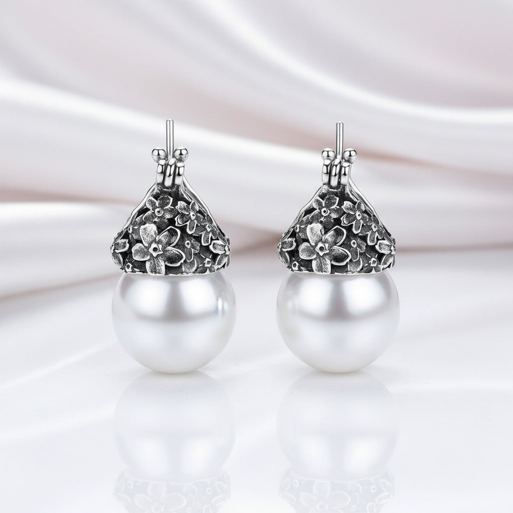 Mother of Pearl Forget-Me-Not Flower Drop Earrings-Black Diamonds New York