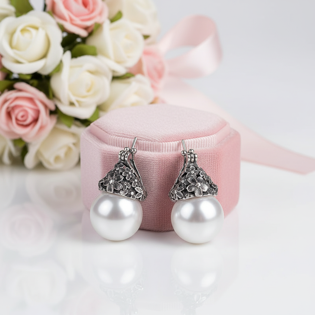 Mother of Pearl Forget-Me-Not Flower Drop Earrings-Black Diamonds New York