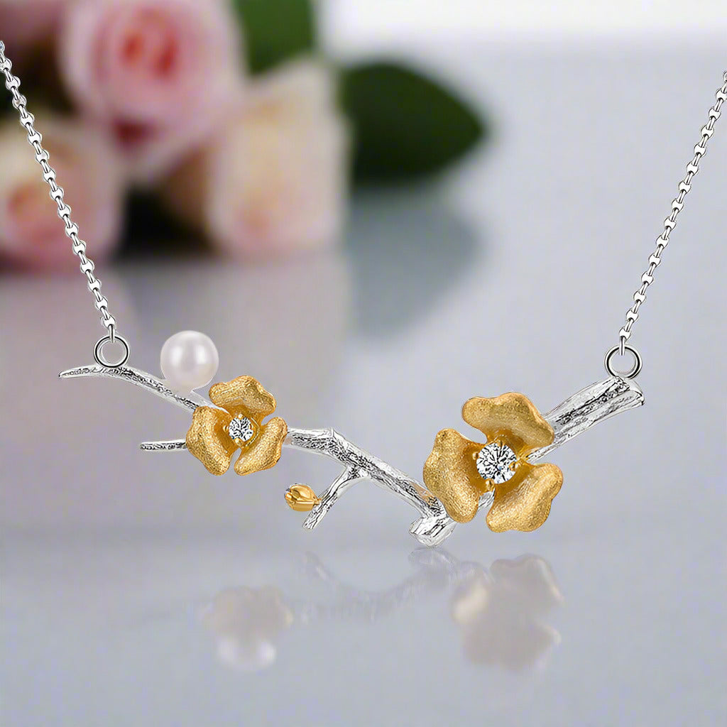 Plum Blossom Flower Necklace-Black Diamonds New York