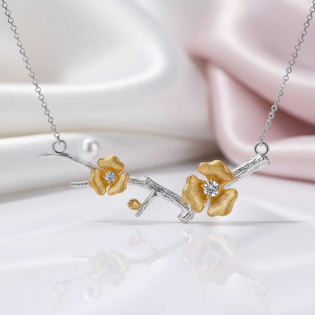 Plum Blossom Flower Necklace-Black Diamonds New York