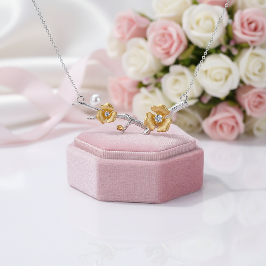 Plum Blossom Flower Necklace-Black Diamonds New York