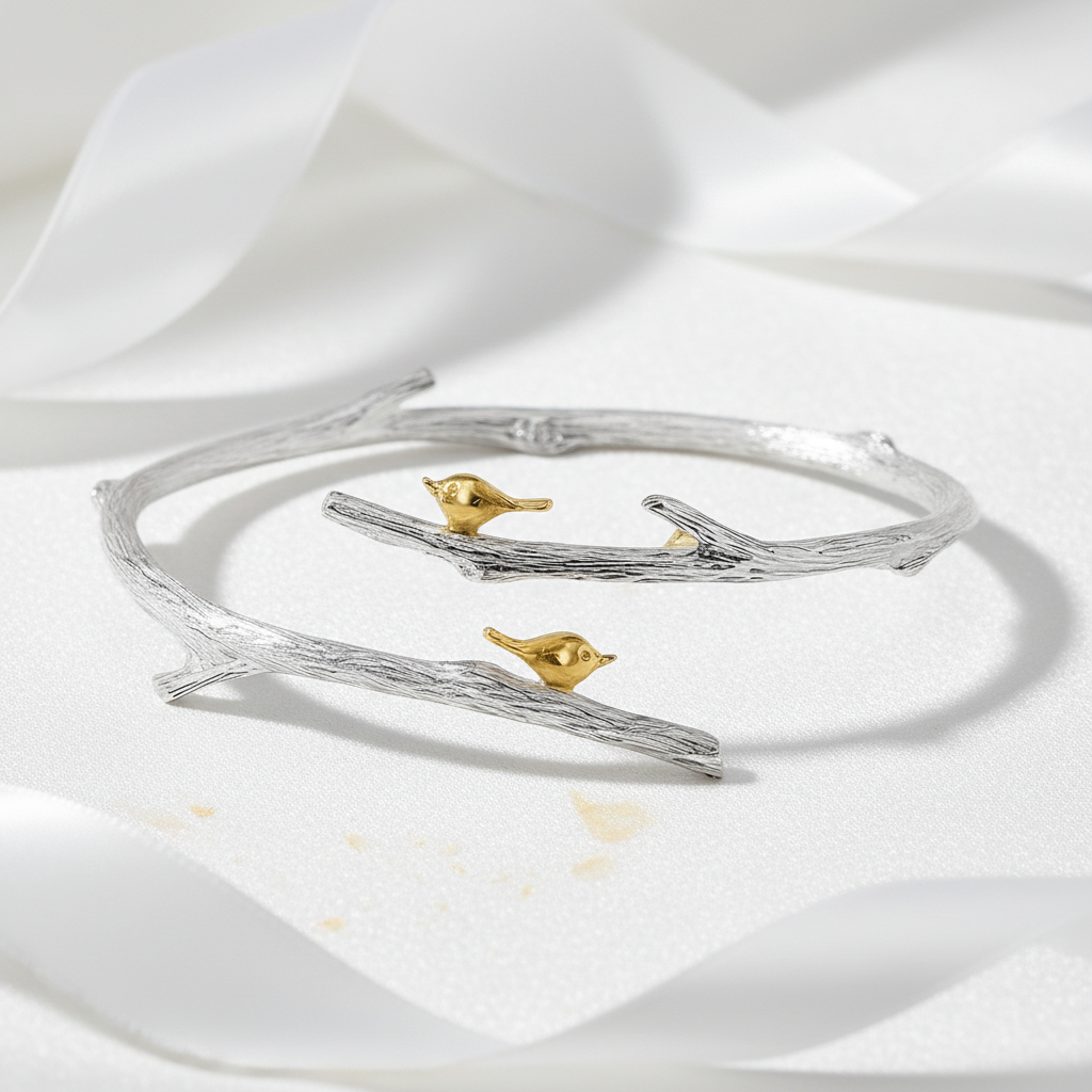 Birds on Black Branch Adjustable Bangle-Black Diamonds New York