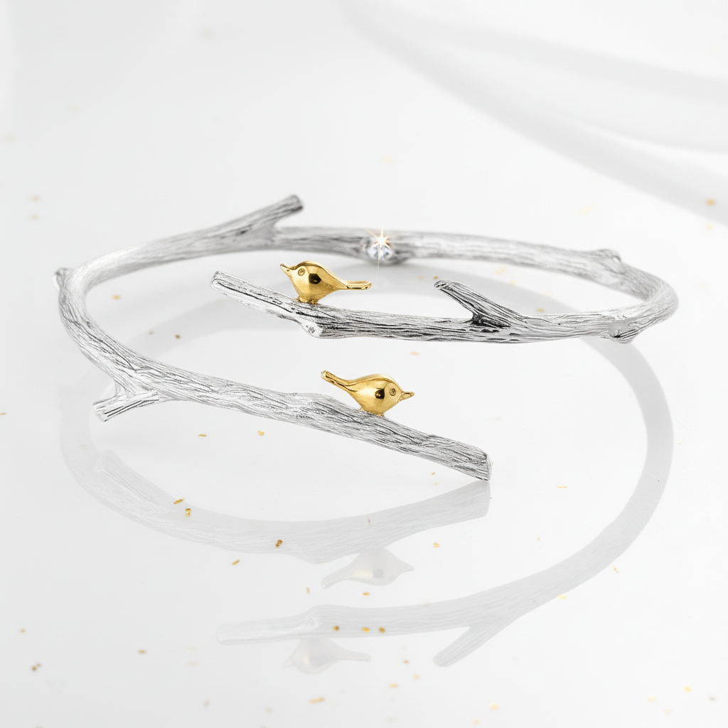 Birds on Branch Adjustable Bangle-Black Diamonds New York