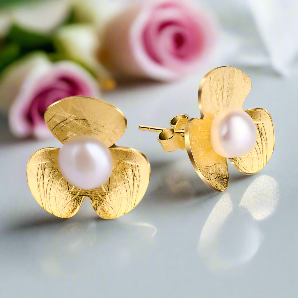 Clover Flower with Pearl Stud Earrings-Black Diamonds New York