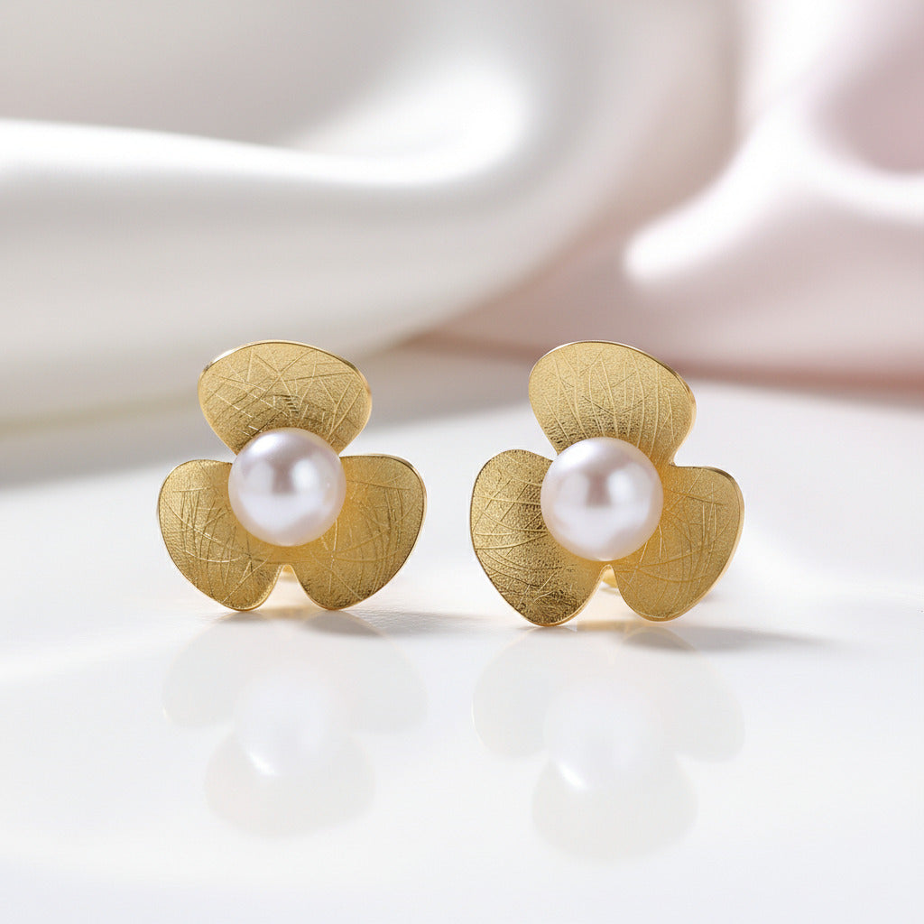 Clover Flower with Pearl Stud Earrings-Black Diamonds New York