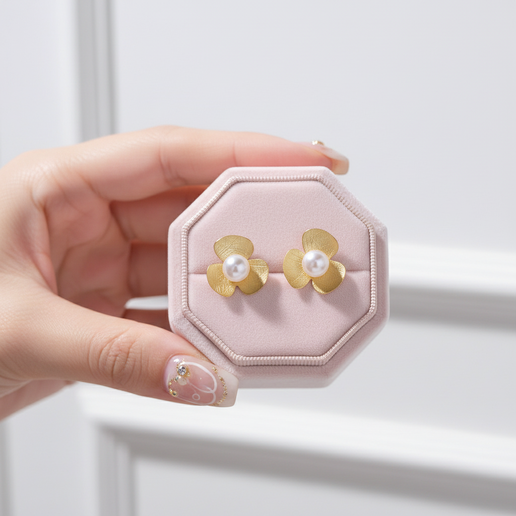 Clover Flower with Pearl Stud Earrings-Black Diamonds New York