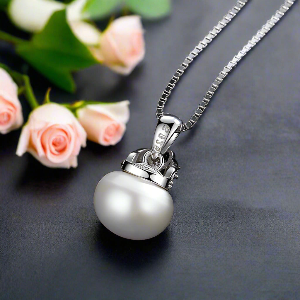 Cute Heart Crown Fresh Water Pearl Pendant Necklace-Black Diamonds New York