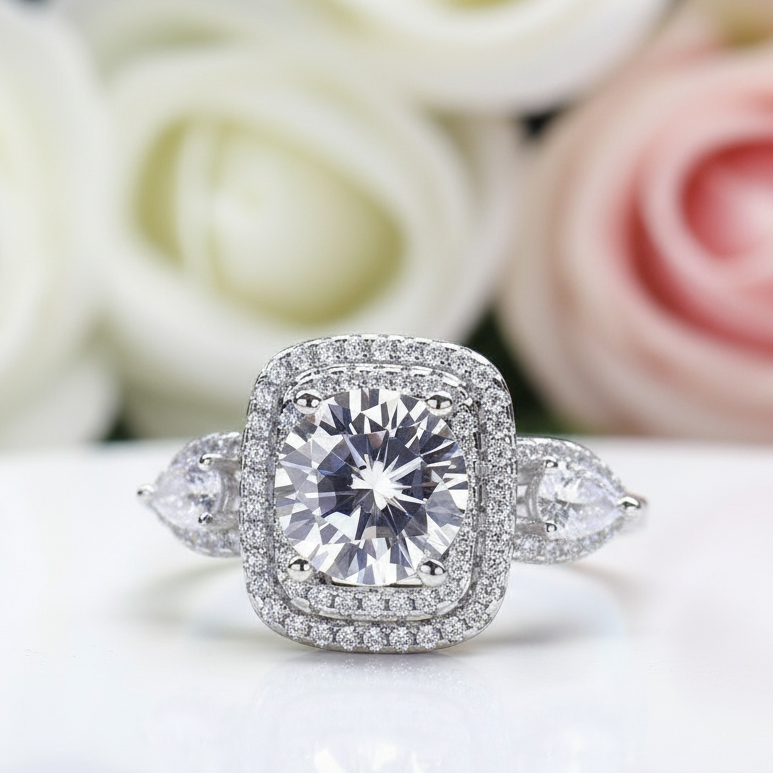 2.0 Ct Round Cut Diamond Double Halo Engagement Ring-Black Diamonds New York