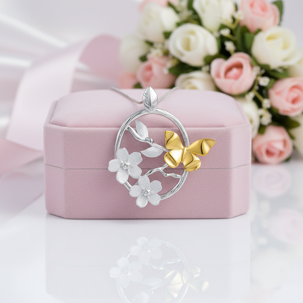 Elegant Butterfly Garden Flower Necklace-Black Diamonds New York