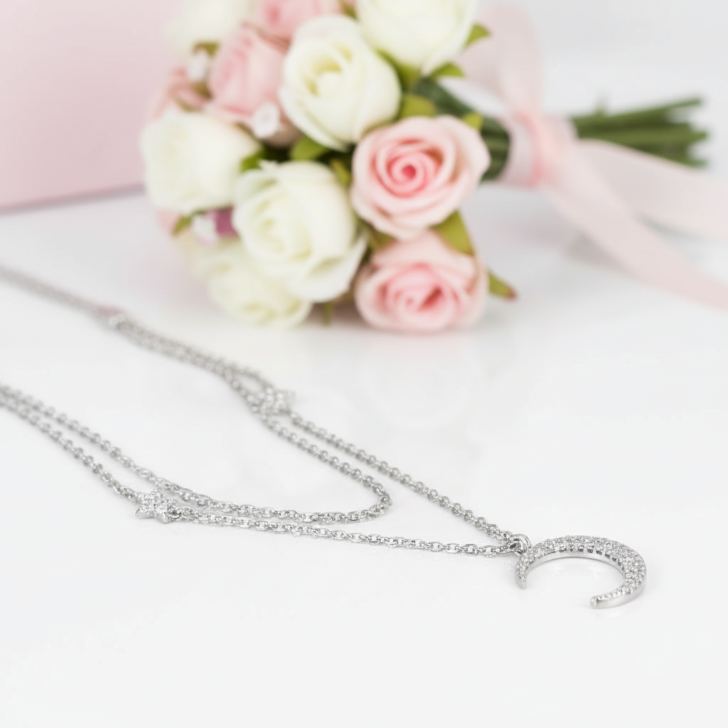 Moon & Star Double Layer Necklace-Black Diamonds New York