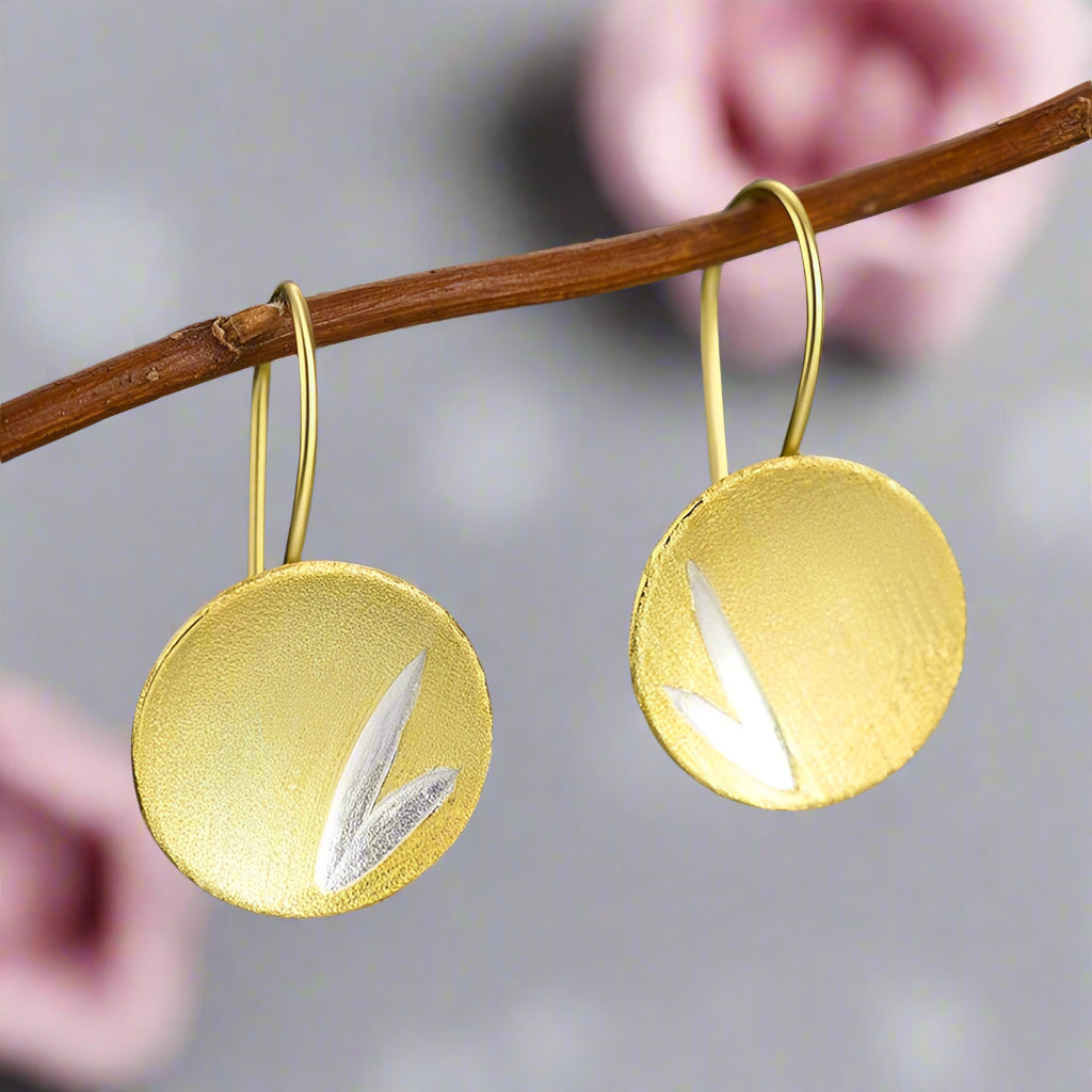 Small Bamboo Leaves Round Dangle Earrings-Black Diamonds New York