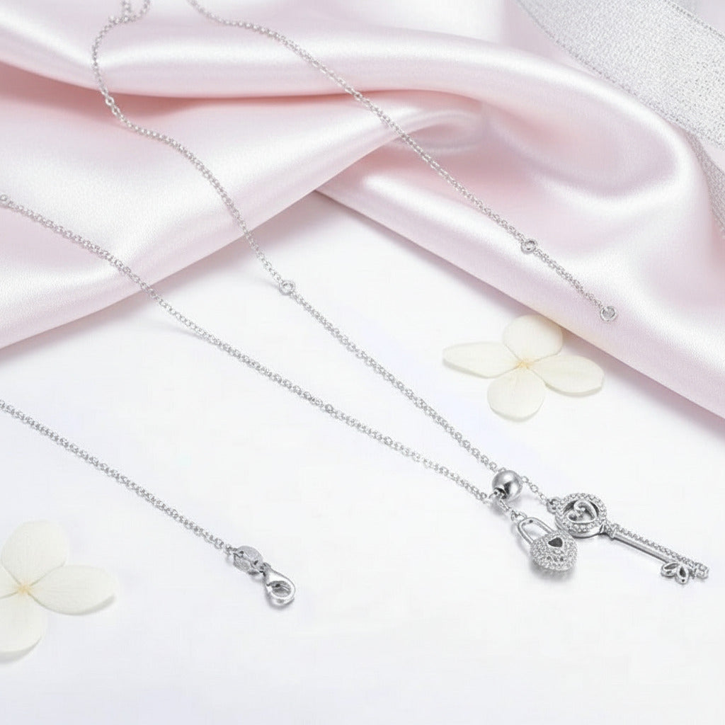 Key of Heart Lock Chain Necklace-Black Diamonds New York