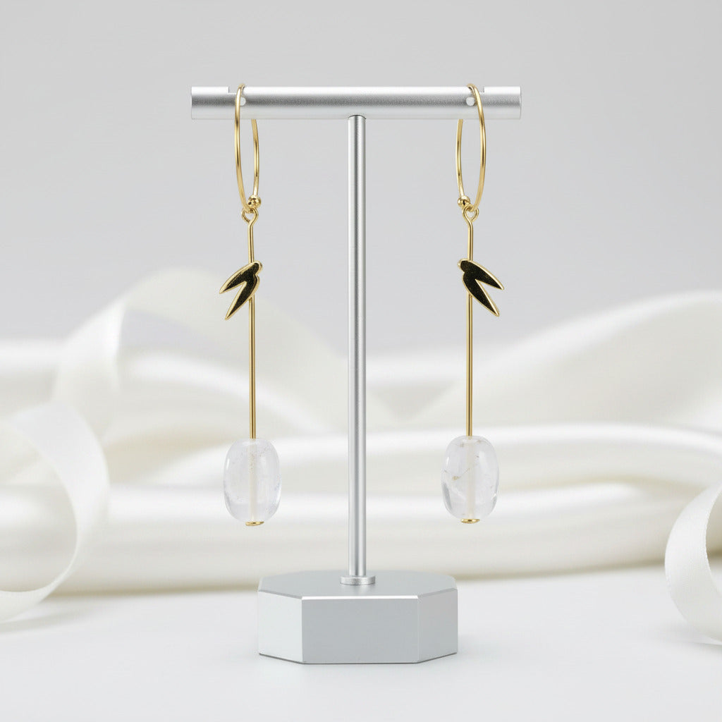 Long Elegant Bamboo Leaves Dangle Earrings-Black Diamonds New York