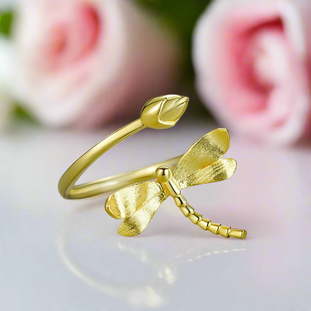 Dragonfly Lotus Bud Adjustable Ring-Black Diamonds New York