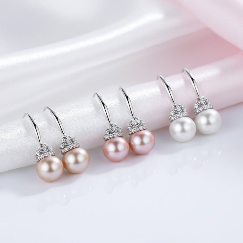 Fresh Water Heart Crown Pearl Hook Drop Earrings-Black Diamonds New York