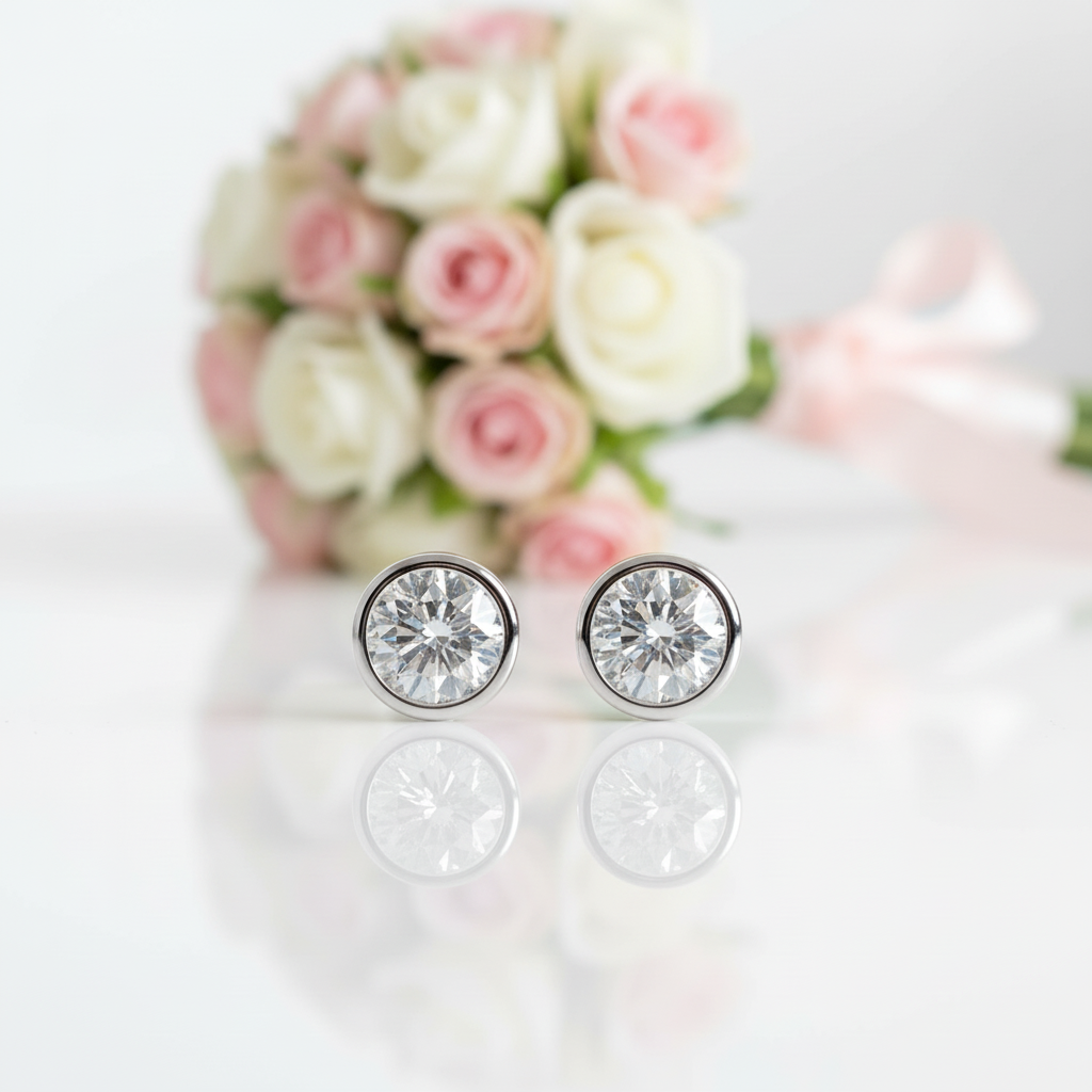 Solid White Gold 5mm Diamond Stud Bubble Earrings-Black Diamonds New York