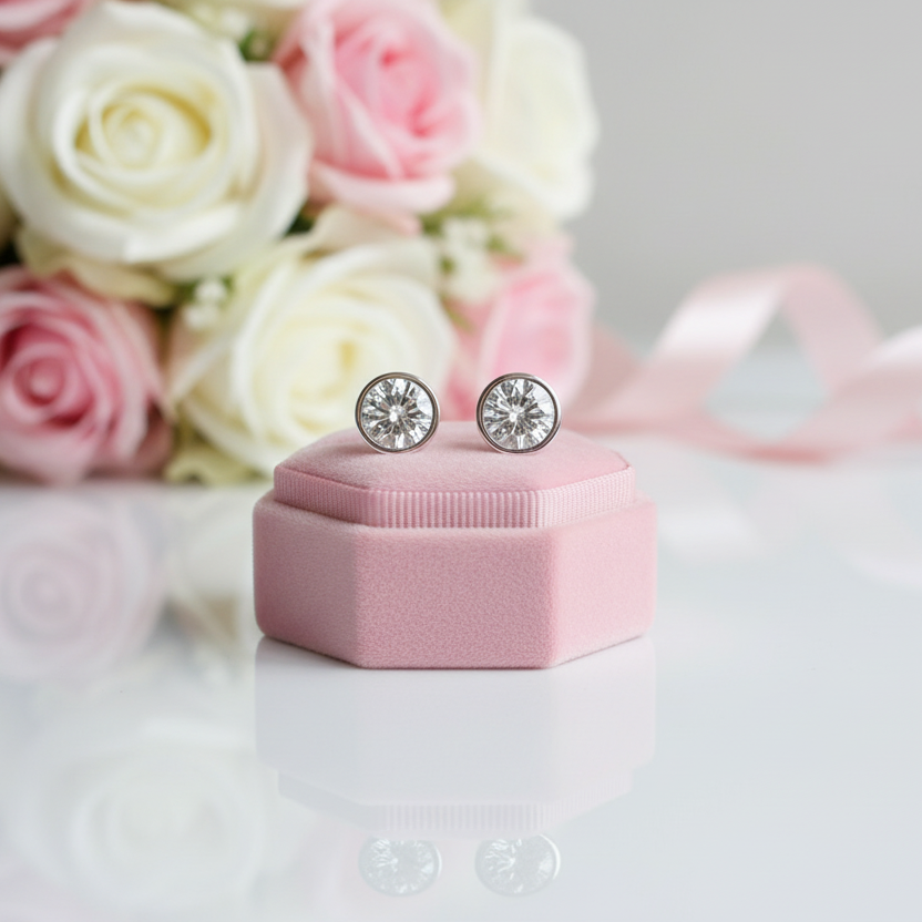 Solid White Gold 5mm Diamond Option Stud Bubble Earrings-Black Diamonds New York