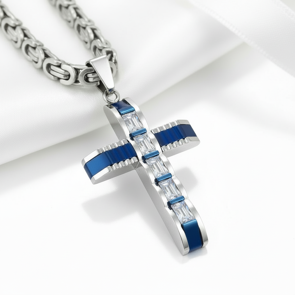 Men's Cross Byzantine Chain Necklace-Black Diamonds New York