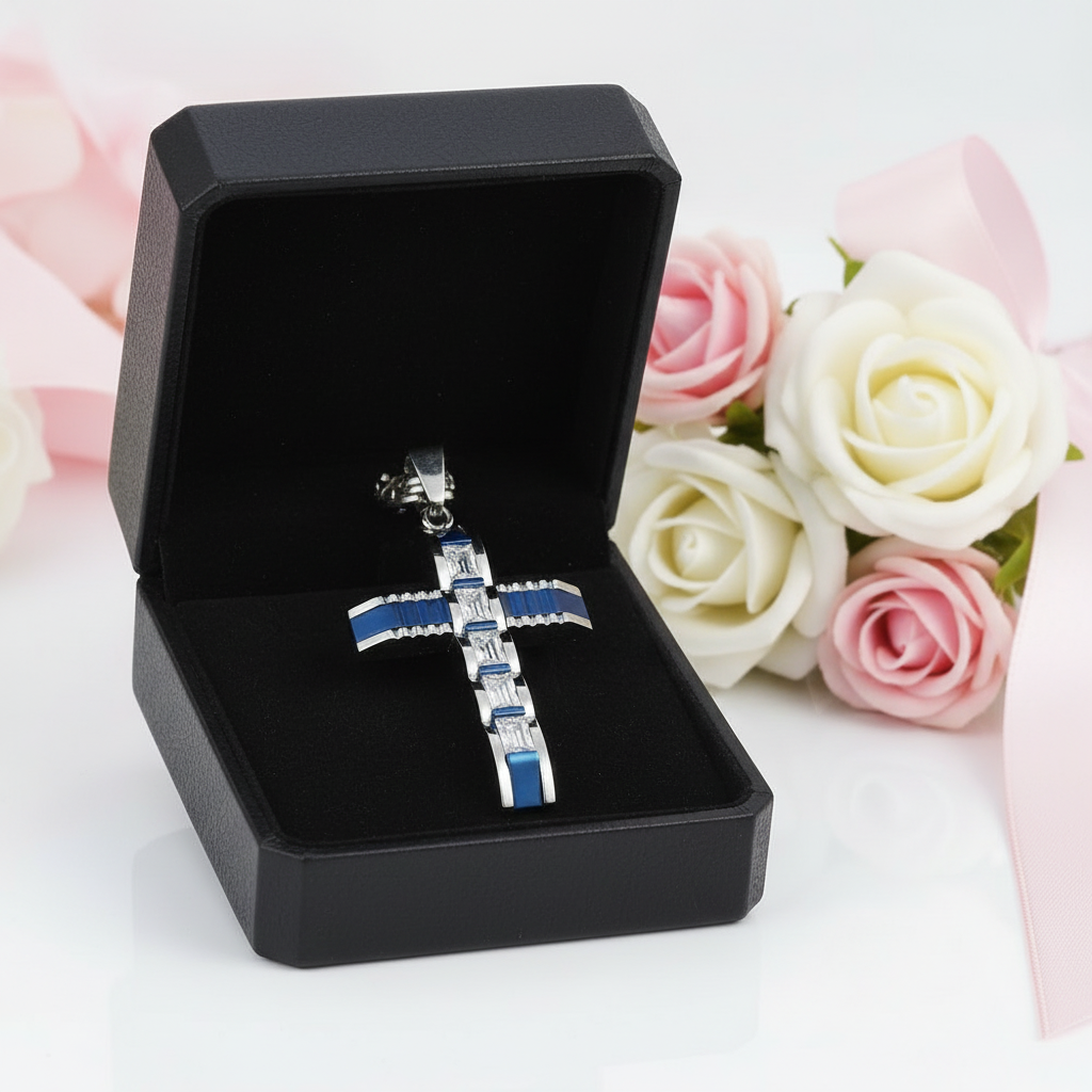 Men's Cross Byzantine Chain Necklace-Black Diamonds New York