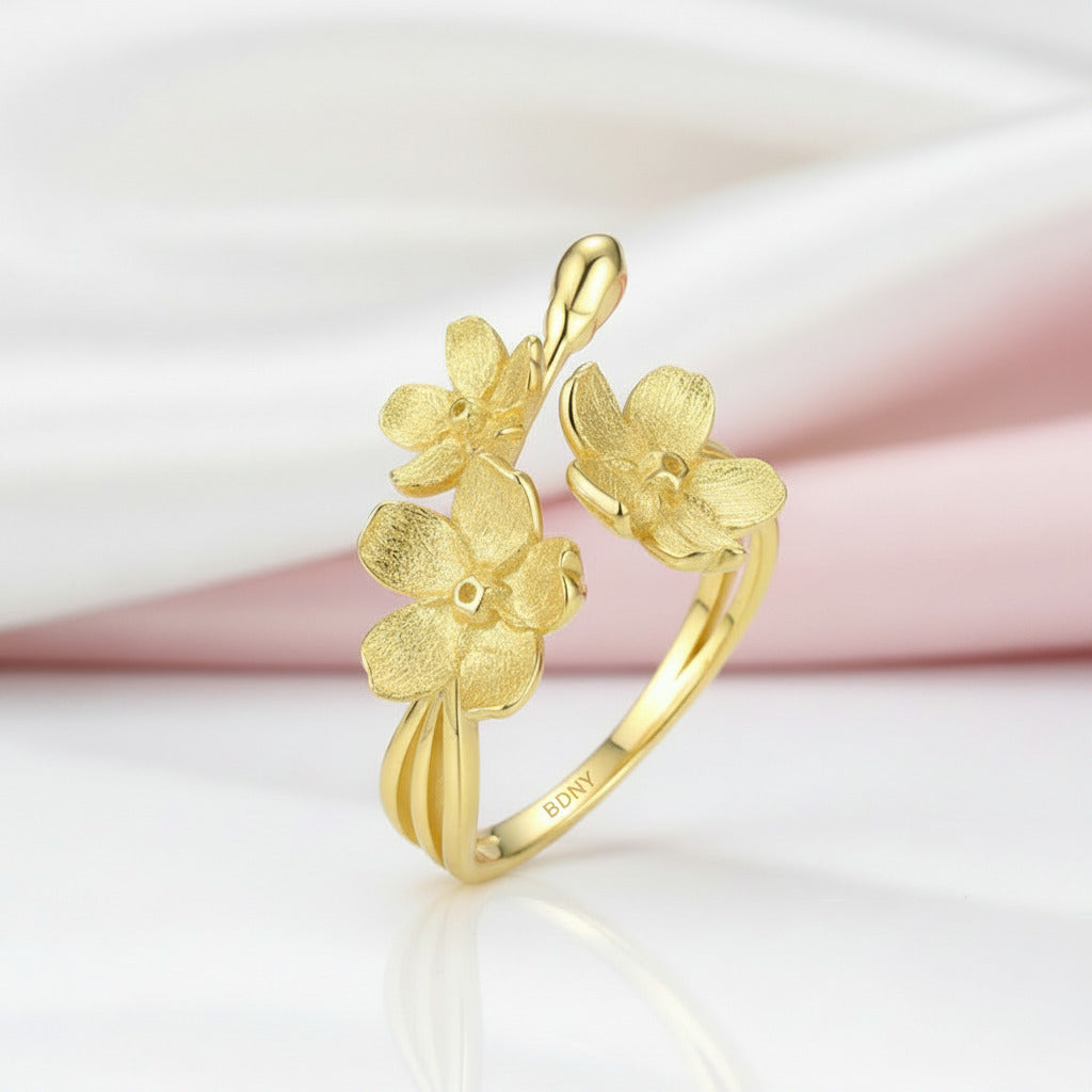Elegant Forget-Me-Not Flower Adjustable Ring-Black Diamonds New York
