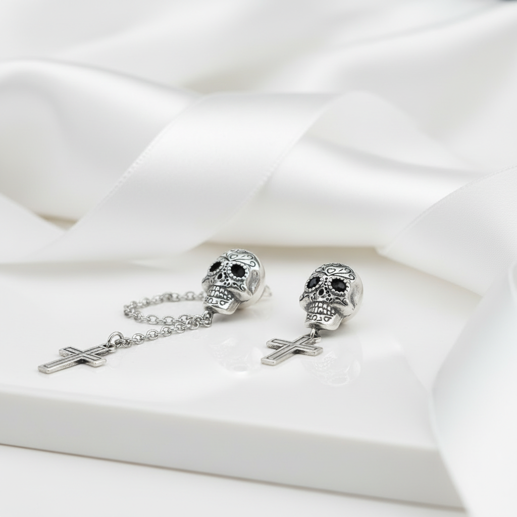 Candy Skull With Cross Stud Earrings-Black Diamonds New York