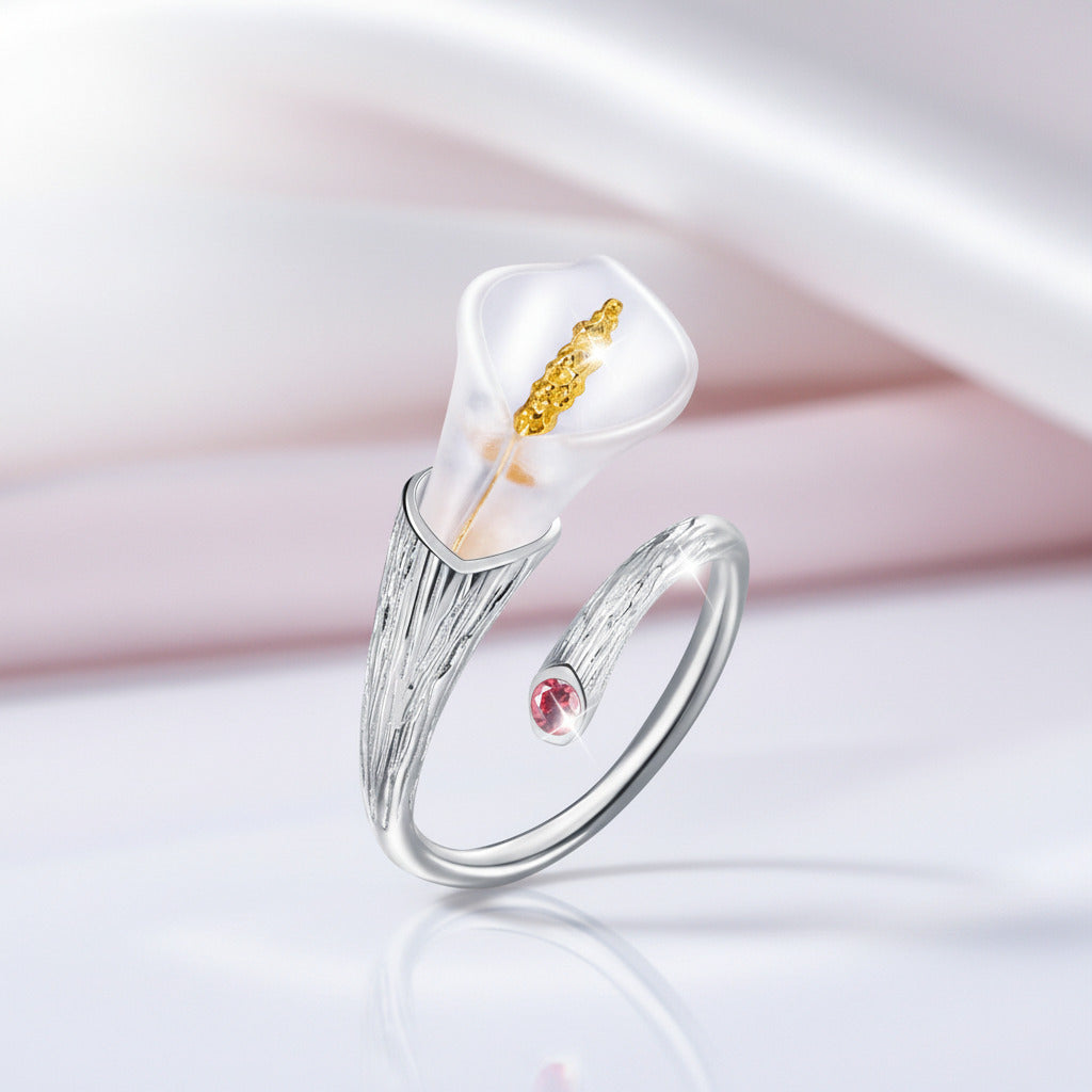 Calla Lily Flower Adjustable Ring-Black Diamonds New York