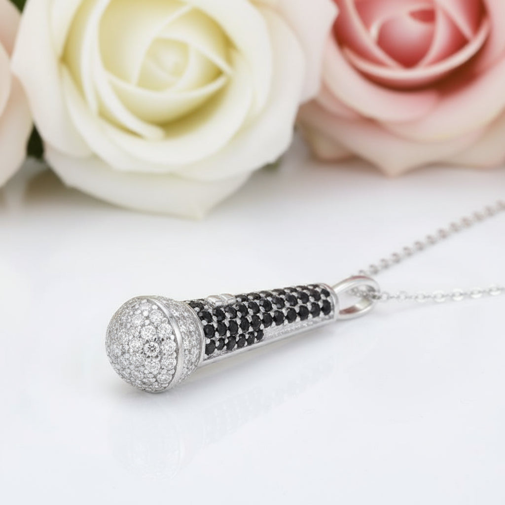 Round Cut Diamond Microphone Pendant Necklace-Black Diamonds New York