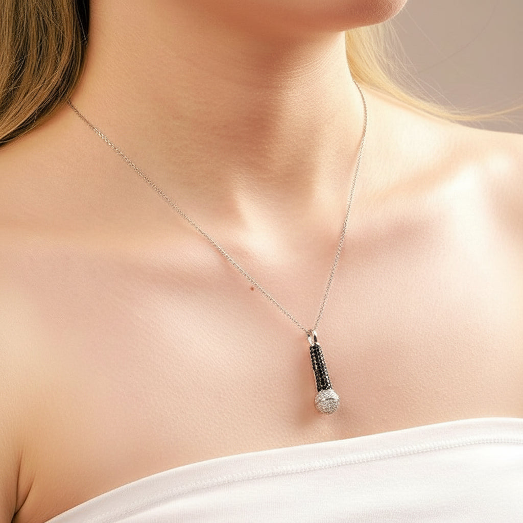 Round Cut Diamond Microphone Pendant Necklace-Black Diamonds New York
