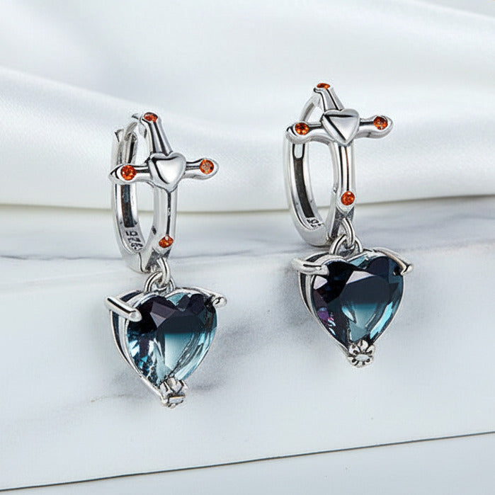 Neo-Gothic Heart & Cross Hoop Earrings-Black Diamonds New York