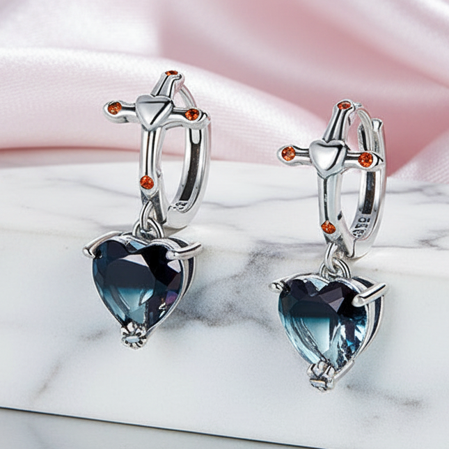Neo-Gothic Heart & Cross Hoop Earrings-Black Diamonds New York