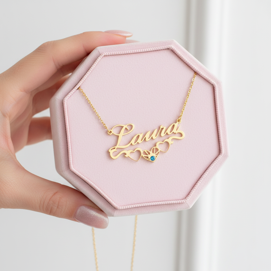 Gold necklace with 'Laura' pendant in a pink hexagonal box held by a hand.