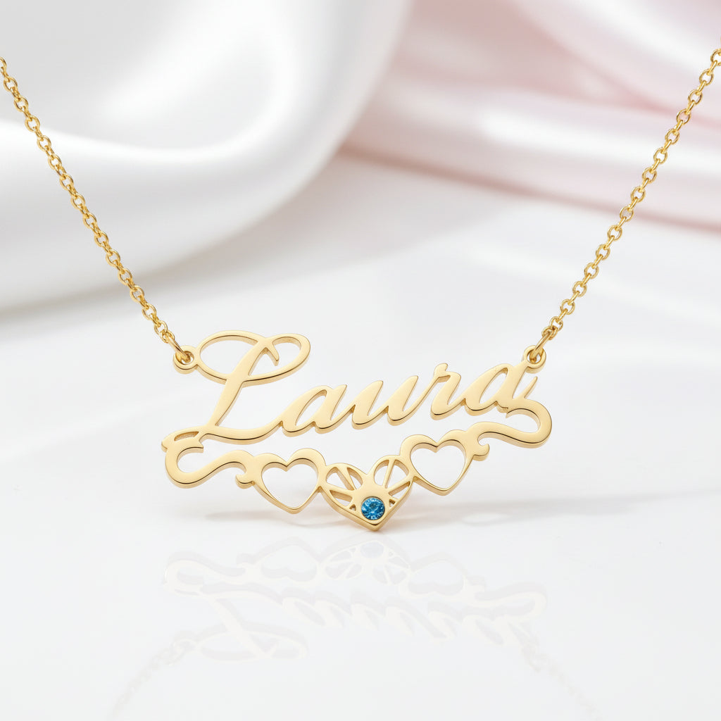Custom Name, Heart & Birthstone Necklace-Black Diamonds New York