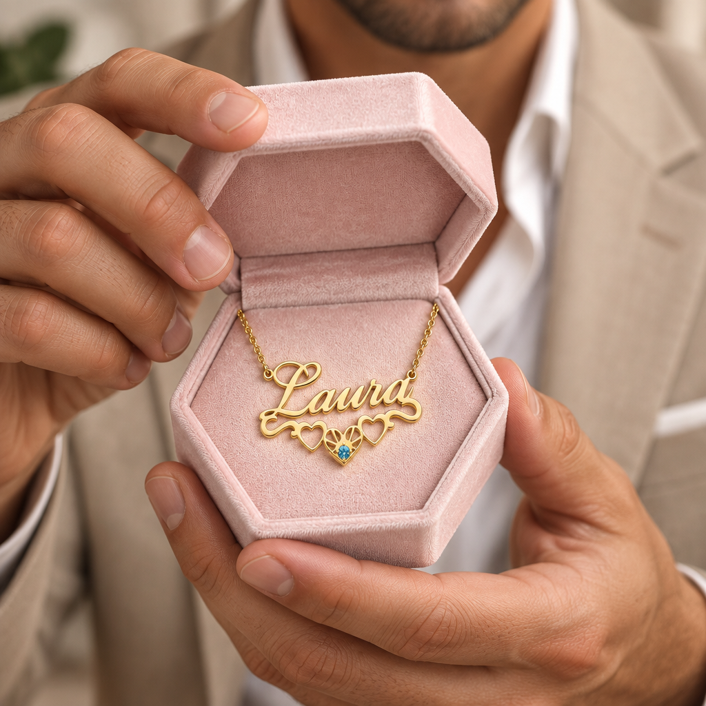 Custom Name, Heart & Birthstone Necklace-Black Diamonds New York